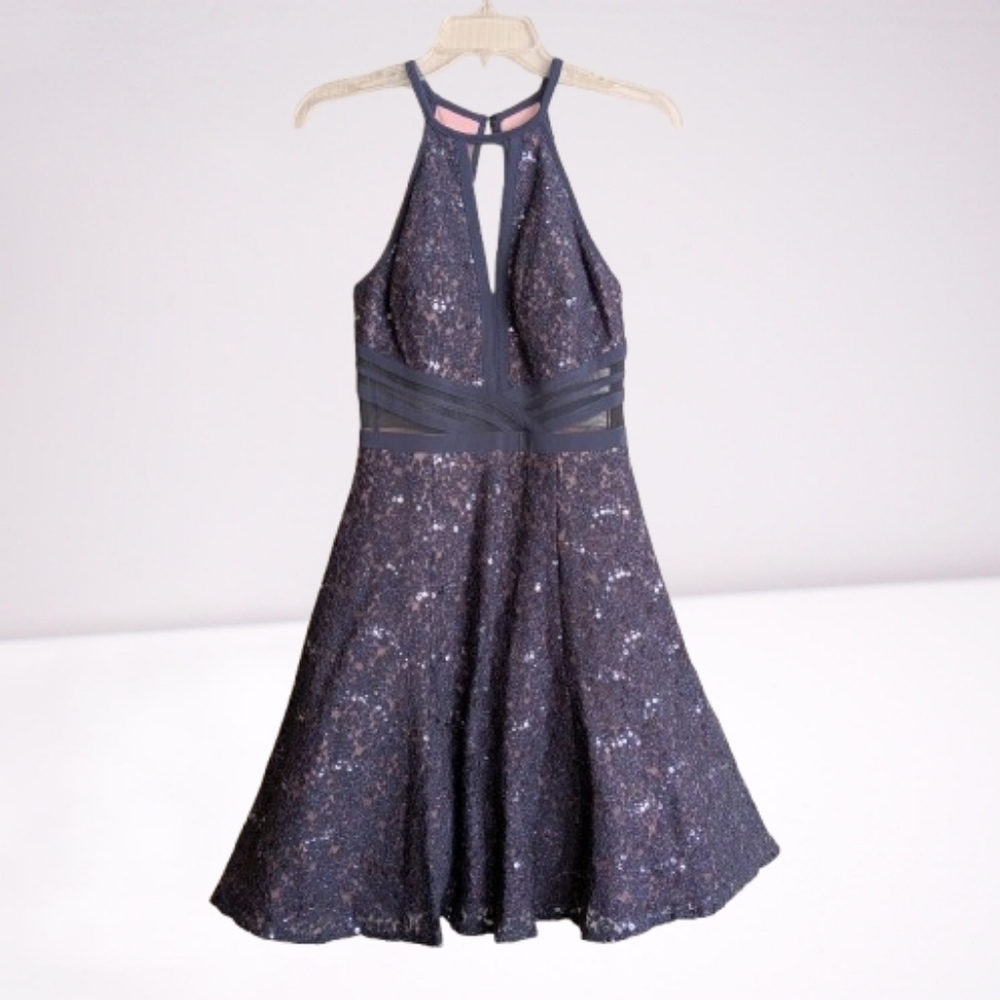 Morgan & Co Illusion Fit & Flare Dress Gray Sparkly Sequins Floral Lace Sz 5/6